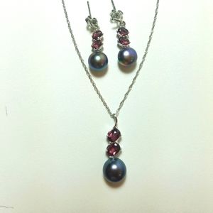 Sterling Silver and Garnet Pendant and Earring Set
